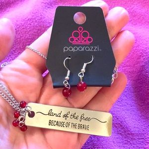 Patriotic Dog tag style necklace & earrings NEW Land free because of the brave
